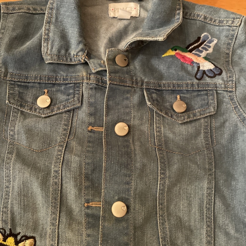 Place XL 14 Girls Jean Jacket Embroidered Butterfly Bee Bird Flowers - Picture 5 of 14